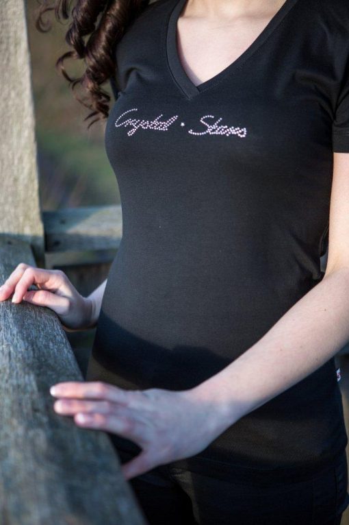 Schwarzes Damen V-Shirt mit dem Logo Crystal Stars in original Swarovski Kristallen